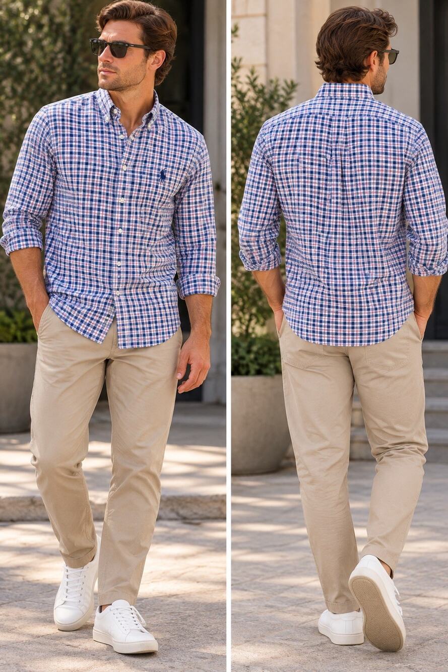 Polo Ralph Lauren Classic Fit Blue White Pink Plaid Cotton Button-Down L